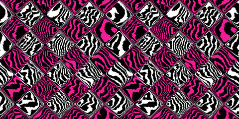 Seamless hot pink psychedelic tiger stripe or zebra skin diamond harlequin checkers contemporary patchwork fashion pattern. Girly maximalist wavy lines pop art safari animal print background texture.