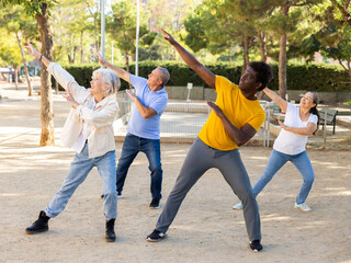 Group of happy women and men different ages practicing dance in a summer park