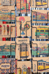 Stand with various local postcards made of cork, traditional material with biodegradable, renewable...
