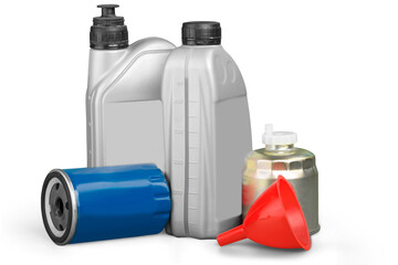 Motor Oil in plastic bottles and funnel