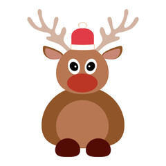 Simple flat brown deer with red nose and christmas hat