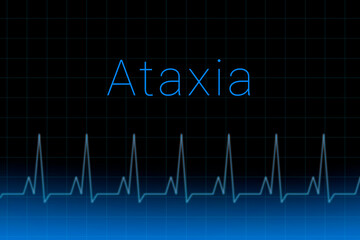 Ataxia disease. Ataxia logo on a dark background. Heartbeat line as a symbol of human disease. Concept Medication for disease Ataxia.