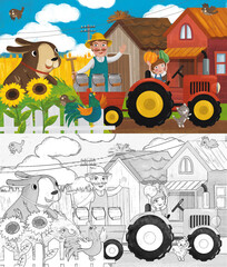 cartoon ranch scene with happy farmer family and dog illustration