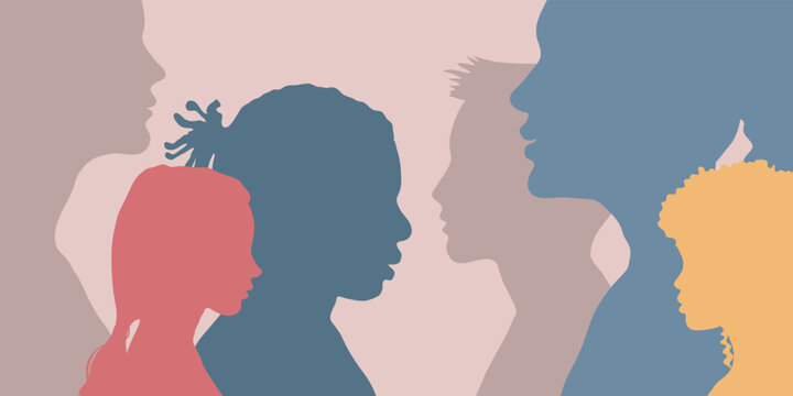 Family environment, multi-ethnic people, mental development of child and teenager. People profile silhouette.	
