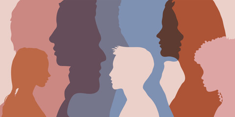Family relations, interaction of different ethnic and cultural people groups. Human profile silhouette