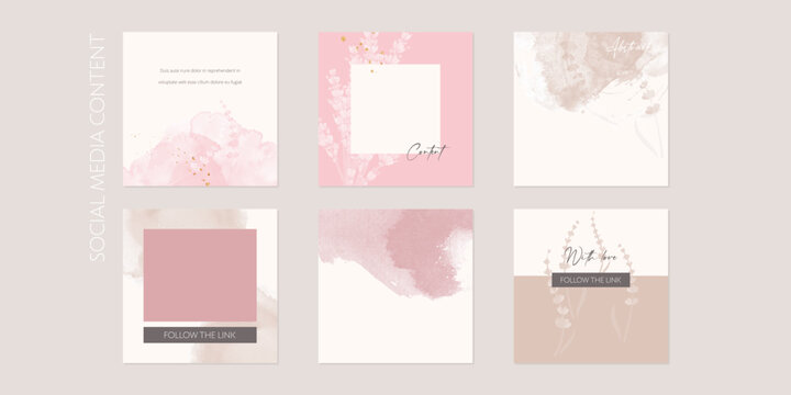 Set Of Watercolor Social Media Post Layouts For Beauty, Cosmetics, Wedding, Jewelry, Makeup, Skincare.	