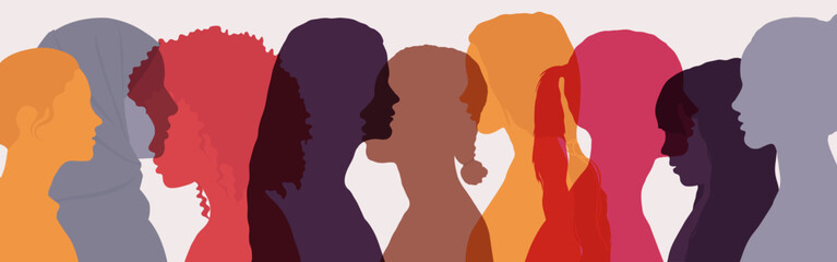 Society of multiethnic women and girls. Friendship and communication between women of different cultures and ages. Woman profile silhouette.