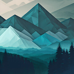 Geometric Mountains Landscape and Forest Illustration in Shades of Blue