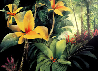 Tropical Hawaii forest, painted in a vintage style, Hawaii Aloha vibes and painted in a warm palette 