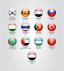 3D glossy and round design flag icons for Asian countries. Vector illustration.