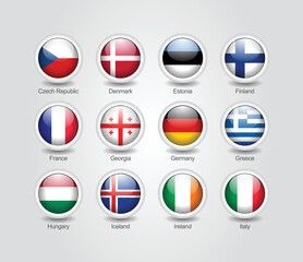 3D glossy and round design flag icons for Europe countries. Vector illustration.