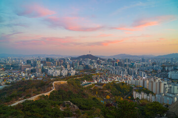 Seoul City top view at sunset  South Korea in Autumn