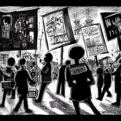 Protest in Seattle, Comic Style, AI