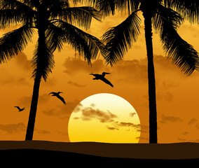Palm trees, sunset and flying pelicans makes a 3-d illustration of a tropical paradise.