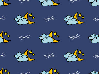 Night cartoon character seamless pattern on blue background