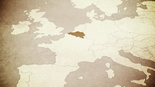 Vintage map showing Belgium. From above zooming in.