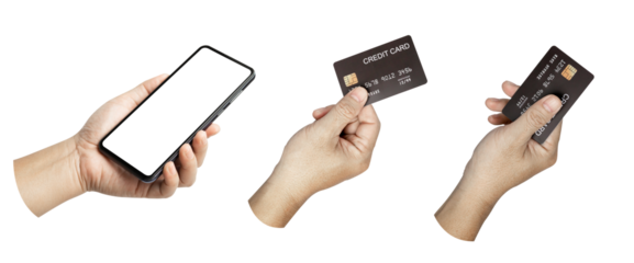 A set, group of male hand hold a credit card and cell phone blank screen isolated on transparent background..