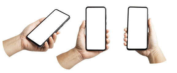 A set, group of male hand hold a smartphone with blank screen isolated on transparent background..