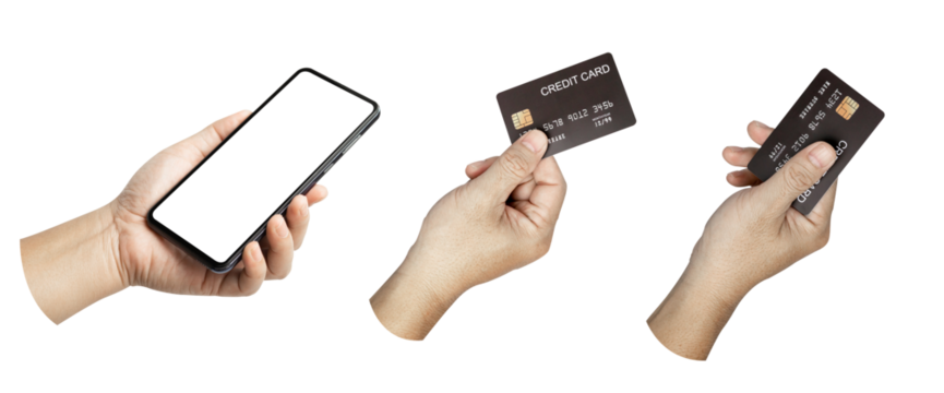 A set, group of male hand hold a credit card and cell phone blank screen isolated on transparent background..