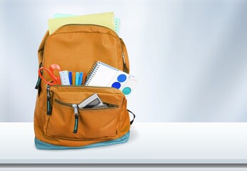 School bag on desk. Back to school concept