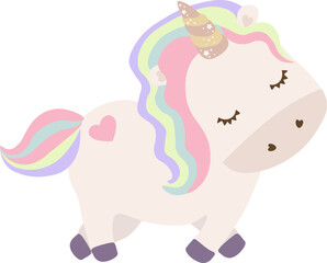 Cute unicorn with rainbow hair. Vector white unicorn kids cartoon illustration. Little pony character/ magic horse print design