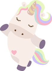 Cute unicorn with rainbow hair. Vector white unicorn kids cartoon illustration. Little pony character/ magic horse print design