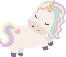 Cute unicorn with rainbow hair. Vector white unicorn kids cartoon illustration. Little pony character/ magic horse print design