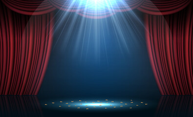 Red stage curtain illuminated by spotlights. Vector illustration
