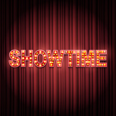 Shining retro sign Showtime banner on curtain. Vector illustration