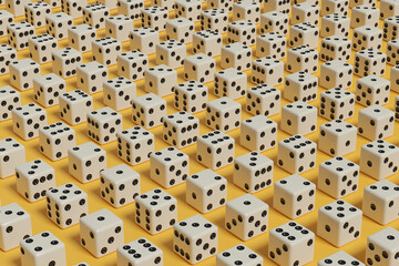 Many white dice on yellow background. 3d illustration.