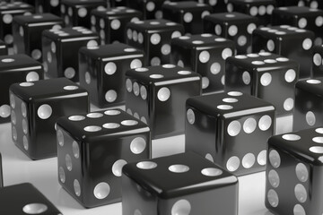 Closeup of black dice on a white background. 3d illustration.