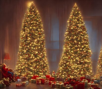 The Christmas tree is standing in the corner of the room, next to the window. It's a tall tree, with green leaves and red berries. There are presents underneath it, wrapped in colorful paper. The ligh