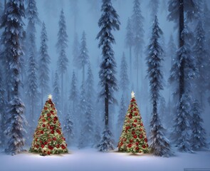 The Christmas tree is standing in the middle of a snow-covered forest. It's covered in lights and decorations, and there's a blanket of fresh snow on the ground.