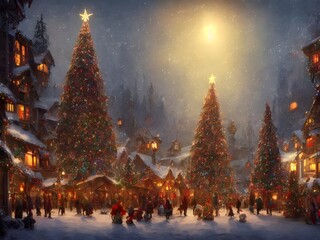 In the Christmas tree village, there are houses made out of gingerbread, candy canes, and chocolate. The streets are lined with trees that have lights and decorations on them. There is a big snowman i