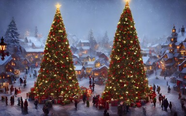 The Christmas tree village is a scene of holiday cheer. The houses are all decorated with lights and garlands, and the trees are covered in snow. There's a feeling of happiness and love in the air, an