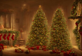 There's a Christmas tree indoors in an antique house. It has presents underneath it and is decorated with lights, garland, and ornaments.