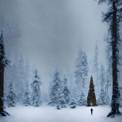 The snow is falling gently through the air, coating the Christmas tree in a blanket of white. The forest around them is also dusted with fresh powder, making the whole scene look like something out of
