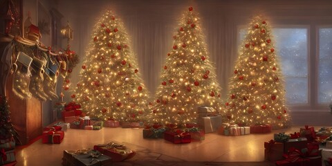 Fototapeta na wymiar The room is filled with the scent of evergreen and cinnamon. A fire crackles in the fireplace, sending tendrils of warmth throughout the space. The Christmas tree stands tall and proud in front of the