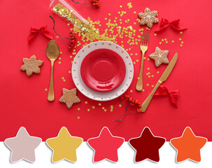 Stylish Christmas table setting on red background. Different color patterns