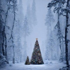 In the Christmas tree snow forest, the air is chill and fresh. The pine trees are dusted with frost, and their branches droop under the weight of sparkling white snow. It's a beautiful scene; peaceful