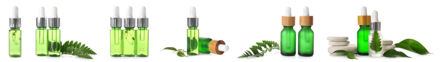 Set of bottles with cosmetic serum isolated on white