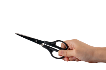 Hand holding office stationery scissors cutting on transparent background 