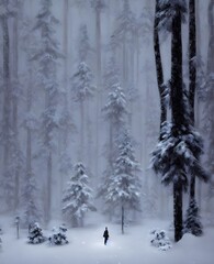 The forest is blanketed in a layer of snow. The Christmas tree's stand out against the white background, their lights shining brightly.