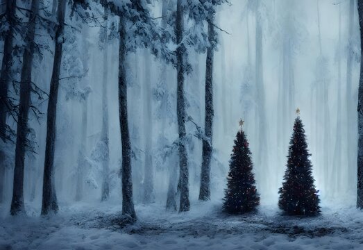 In the photo, there is a Christmas tree in the snow forest. The tree is covered in iced over snow and sparkles brightly under the sun's rays. There looks to be faint blue and white lights shining from