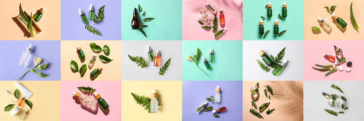 Collage with bottles of natural serum on colorful background, top view