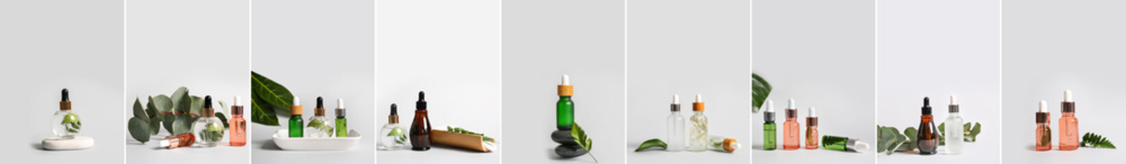 Collage with bottles of natural serum on light background