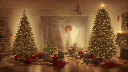 The Christmas tree is up in the living room and presents are stacked underneath it. The lights on the tree are shining brightly, casting a warm glow around the room.