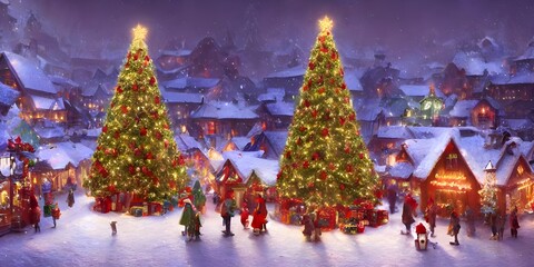 It's a cold winter night and the Christmas tree village is lit up with string lights. The houses are made of gingerbread and candy canes, and the snow is freshlyfallen. The villagers are all gathered 