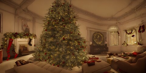 The Christmas tree is standing in the corner of the room, its bright lights shining through the darkness. The presents are wrapped up and placed underneath, waiting to be opened on Christmas morning.