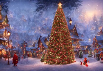 This is a picture of a Christmas tree village. The village is made up of many different types of trees, all decorated for the holidays. There are houses and shops in between the trees, and each one ha